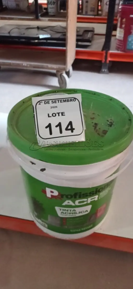 LOTE 114 - 01 BALDE DE TINTA ACRÍLICA NA COR PÊSSEGO FOSCO DE 18L MARCA PROFISSIONAL ACR. (NO ESTADO) ATENÇÃO! FAZER A VISITAÇÃO ANTES DE ARREMATAR, NÃO SABEMOS SE FUNCIONA, LEILÃO NÃO TEM GARANTIA E NEM DEVOLUÇÃO, SUJEITO A POSSÍVEIS AVARIAS VISÍVEIS/OCULTAS E/OU AUSÊNCIA DE COMPONENTES.