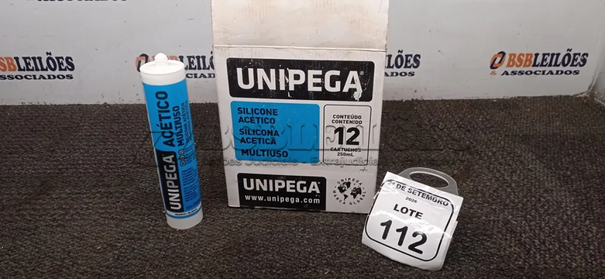 LOTE 112 - 12 CARTUCHOS DE SILICONE ACÉTICO MULTIUSO DE 250ML CADA MARCA UNIPEGA. (NO ESTADO) ATENÇÃO! FAZER A VISITAÇÃO ANTES DE ARREMATAR, NÃO SABEMOS SE FUNCIONA, LEILÃO NÃO TEM GARANTIA E NEM DEVOLUÇÃO, SUJEITO A POSSÍVEIS AVARIAS VISÍVEIS/OCULTAS E/OU AUSÊNCIA DE COMPONENTES.