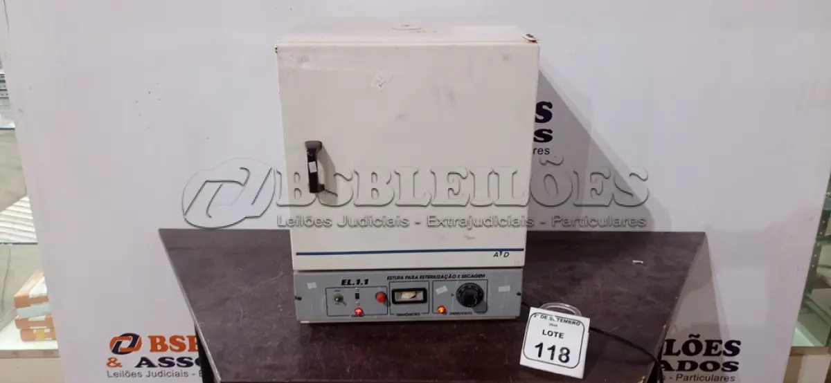 LOTE 118 - 01 ESTUFA PARA ESTERILIZAÇÃO E SECAGEM MODELO EL-1-1. (NO ESTADO) ATENÇÃO! FAZER A VISITAÇÃO ANTES DE ARREMATAR, NÃO SABEMOS SE FUNCIONA, LEILÃO NÃO TEM GARANTIA E NEM DEVOLUÇÃO, SUJEITO A POSSÍVEIS AVARIAS VISÍVEIS/OCULTAS E/OU AUSÊNCIA DE COMPONENTES.