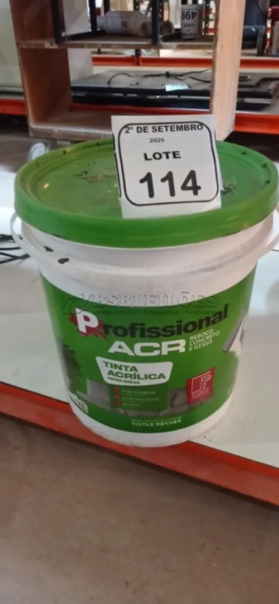 LOTE 114 - 01 BALDE DE TINTA ACRÍLICA NA COR PÊSSEGO FOSCO DE 18L MARCA PROFISSIONAL ACR. (NO ESTADO) ATENÇÃO! FAZER A VISITAÇÃO ANTES DE ARREMATAR, NÃO SABEMOS SE FUNCIONA, LEILÃO NÃO TEM GARANTIA E NEM DEVOLUÇÃO, SUJEITO A POSSÍVEIS AVARIAS VISÍVEIS/OCULTAS E/OU AUSÊNCIA DE COMPONENTES.