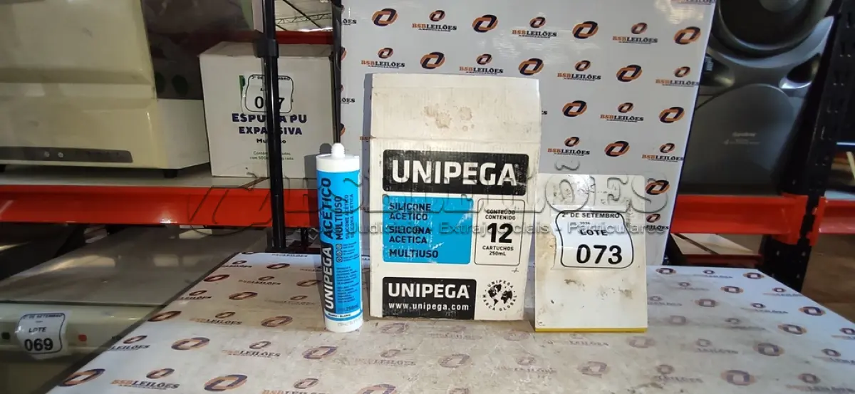 LOTE 073 - 12 CARTUCHOS DE SILICONE ACÉTICO MULTIUSO DE 250ML CADA MARCA UNIPEGA. (NO ESTADO) ATENÇÃO! FAZER A VISITAÇÃO ANTES DE ARREMATAR, NÃO SABEMOS SE FUNCIONA, LEILÃO NÃO TEM GARANTIA E NEM DEVOLUÇÃO, SUJEITO A POSSÍVEIS AVARIAS VISÍVEIS/OCULTAS E/OU AUSÊNCIA DE COMPONENTES.
