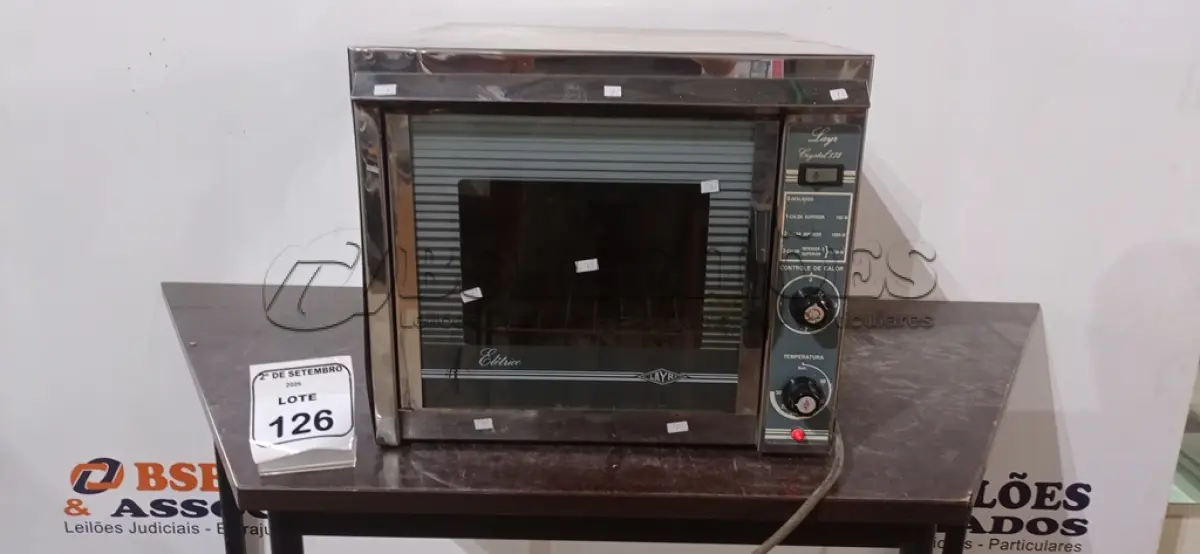 LOTE 126 - 01 FORNO ELÉTRICO MODELO CRYSTAL 175 MARCA LAYER. (NO ESTADO) ATENÇÃO! FAZER A VISITAÇÃO ANTES DE ARREMATAR, NÃO SABEMOS SE FUNCIONA, LEILÃO NÃO TEM GARANTIA E NEM DEVOLUÇÃO, SUJEITO A POSSÍVEIS AVARIAS VISÍVEIS/OCULTAS E/OU AUSÊNCIA DE COMPONENTES.