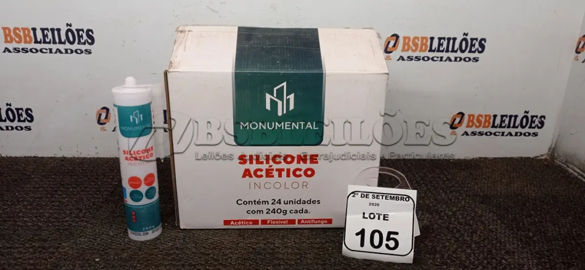 LOTE 105 - 12 UNIDADES DE SILICONE ACÉTICO INCOLOR DE 240G CADA MARCA MONUMENTAL. (NO ESTADO) ATENÇÃO! FAZER A VISITAÇÃO ANTES DE ARREMATAR, NÃO SABEMOS SE FUNCIONA, LEILÃO NÃO TEM GARANTIA E NEM DEVOLUÇÃO, SUJEITO A POSSÍVEIS AVARIAS VISÍVEIS/OCULTAS E/OU AUSÊNCIA DE COMPONENTES.