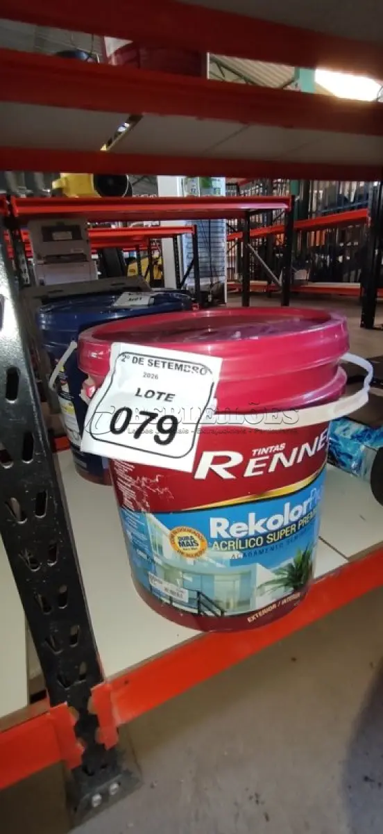 LOTE 079 - 01 BALDE DE TINTA ACRÍLICA SUPER PREMIUM NA COR BASE MÉDIA SEMIBRILHO DE 16L MARCA RENNER. (NO ESTADO) ATENÇÃO! FAZER A VISITAÇÃO ANTES DE ARREMATAR, NÃO SABEMOS SE FUNCIONA, LEILÃO NÃO TEM GARANTIA E NEM DEVOLUÇÃO, SUJEITO A POSSÍVEIS AVARIAS VISÍVEIS/OCULTAS E/OU AUSÊNCIA DE COMPONENTES.