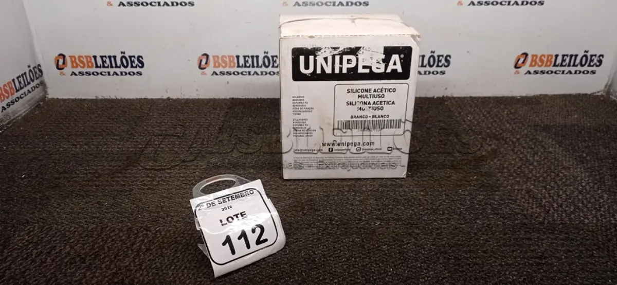 LOTE 112 - 12 CARTUCHOS DE SILICONE ACÉTICO MULTIUSO DE 250ML CADA MARCA UNIPEGA. (NO ESTADO) ATENÇÃO! FAZER A VISITAÇÃO ANTES DE ARREMATAR, NÃO SABEMOS SE FUNCIONA, LEILÃO NÃO TEM GARANTIA E NEM DEVOLUÇÃO, SUJEITO A POSSÍVEIS AVARIAS VISÍVEIS/OCULTAS E/OU AUSÊNCIA DE COMPONENTES.