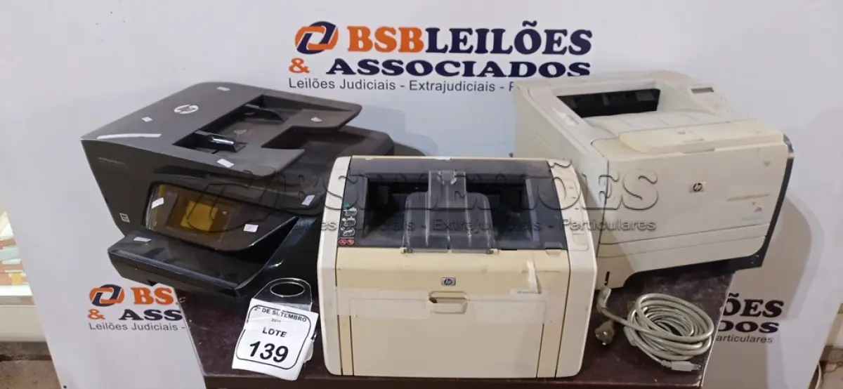 LOTE 139 - 03 IMPRESSORAS MODELO OFFICEJET PRO 6970, LASERJET 1022 E LASERJET P2055 MARCA HP. (NO ESTADO) ATENÇÃO! FAZER A VISITAÇÃO ANTES DE ARREMATAR, NÃO SABEMOS SE FUNCIONA, LEILÃO NÃO TEM GARANTIA E NEM DEVOLUÇÃO, SUJEITO A POSSÍVEIS AVARIAS VISÍVEIS/OCULTAS E/OU AUSÊNCIA DE COMPONENTES.