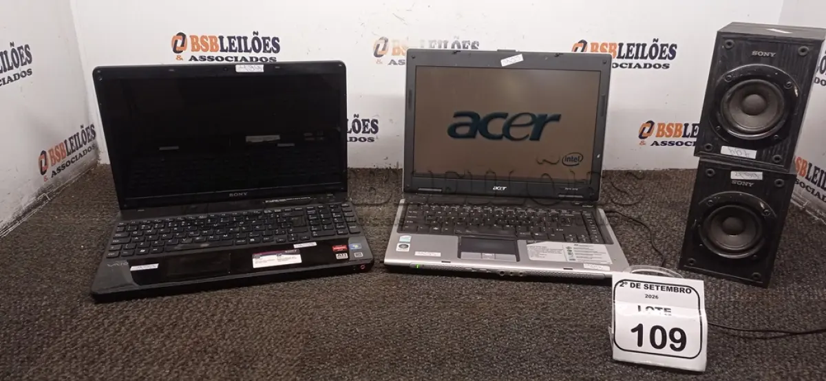 LOTE 109 - 02 NOTEBOOKS MARCA SONY VAIO E ACER SEM FONTES E 02 CAIXINHAS DE SOM MARCA SONY. (NO ESTADO) ATENÇÃO! FAZER A VISITAÇÃO ANTES DE ARREMATAR, NÃO SABEMOS SE FUNCIONA, LEILÃO NÃO TEM GARANTIA E NEM DEVOLUÇÃO, SUJEITO A POSSÍVEIS AVARIAS VISÍVEIS/OCULTAS E/OU AUSÊNCIA DE COMPONENTES.