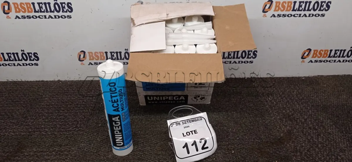 LOTE 112 - 12 CARTUCHOS DE SILICONE ACÉTICO MULTIUSO DE 250ML CADA MARCA UNIPEGA. (NO ESTADO) ATENÇÃO! FAZER A VISITAÇÃO ANTES DE ARREMATAR, NÃO SABEMOS SE FUNCIONA, LEILÃO NÃO TEM GARANTIA E NEM DEVOLUÇÃO, SUJEITO A POSSÍVEIS AVARIAS VISÍVEIS/OCULTAS E/OU AUSÊNCIA DE COMPONENTES.
