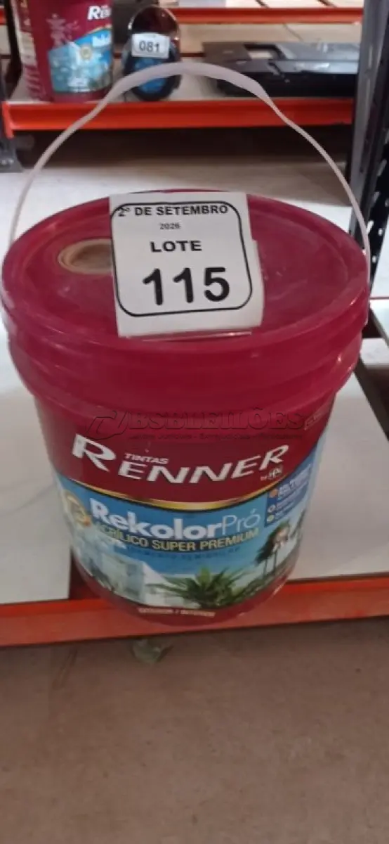 LOTE 115 - 01 BALDE DE TINTA ACRÍLICA SUPER PREMIUM NA COR BASE MÉDIA SEMIBRILHO DE 16L MARCA RENNER. (NO ESTADO) ATENÇÃO! FAZER A VISITAÇÃO ANTES DE ARREMATAR, NÃO SABEMOS SE FUNCIONA, LEILÃO NÃO TEM GARANTIA E NEM DEVOLUÇÃO, SUJEITO A POSSÍVEIS AVARIAS VISÍVEIS/OCULTAS E/OU AUSÊNCIA DE COMPONENTES.