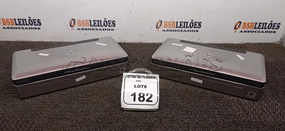 LOTE 182 -  02 IMPRESSORAS HP OFFICEJET 100 MOBILI PRINTER.  (NO ESTADO) ATENÇÃO! FAZER A VISITAÇÃO ANTES DE ARREMATAR, NÃO SABEMOS SE FUNCIONA, LEILÃO NÃO TEM GARANTIA E NEM DEVOLUÇÃO, SUJEITO A POSSÍVEIS AVARIAS VISÍVEIS/OCULTAS E/OU AUSÊNCIA DE COMPONENTES.