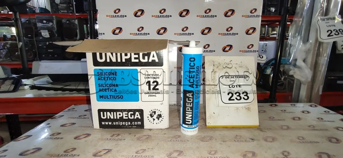 LOTE 233 - 12 CARTUCHOS DE SILICONE ACÉTICO MULTIUSO DE 250ML CADA MARCA UNIPEGA. (NO ESTADO) ATENÇÃO! FAZER A VISITAÇÃO ANTES DE ARREMATAR, NÃO SABEMOS SE FUNCIONA, LEILÃO NÃO TEM GARANTIA E NEM DEVOLUÇÃO, SUJEITO A POSSÍVEIS AVARIAS VISÍVEIS/OCULTAS E/OU AUSÊNCIA DE COMPONENTES.
