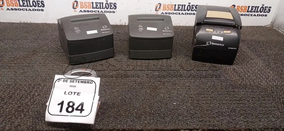 LOTE 184 - 03 IMPRESSORAS TÊRMICAS  MARCA BEMATECH.  (NO ESTADO) ATENÇÃO! FAZER A VISITAÇÃO ANTES DE ARREMATAR, NÃO SABEMOS SE FUNCIONA, LEILÃO NÃO TEM GARANTIA E NEM DEVOLUÇÃO, SUJEITO A POSSÍVEIS AVARIAS VISÍVEIS/OCULTAS E/OU AUSÊNCIA DE COMPONENTES.