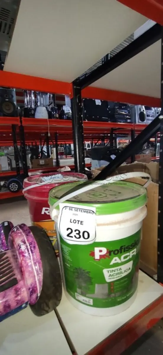 LOTE 230 - 01 BALDE DE TINTA ACRÍLICA NA COR PÊSSEGO FOSCO DE 18L MARCA PROFISSIONAL ACR. (NO ESTADO) ATENÇÃO! FAZER A VISITAÇÃO ANTES DE ARREMATAR, NÃO SABEMOS SE FUNCIONA, LEILÃO NÃO TEM GARANTIA E NEM DEVOLUÇÃO, SUJEITO A POSSÍVEIS AVARIAS VISÍVEIS/OCULTAS E/OU AUSÊNCIA DE COMPONENTES.