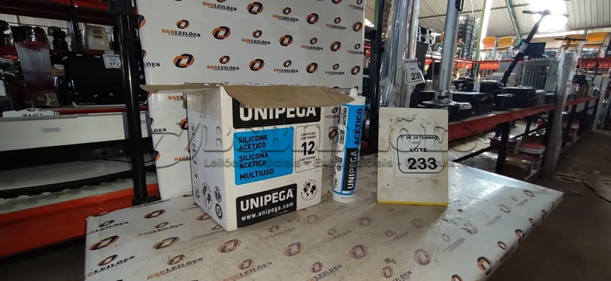 LOTE 233 - 12 CARTUCHOS DE SILICONE ACÉTICO MULTIUSO DE 250ML CADA MARCA UNIPEGA. (NO ESTADO) ATENÇÃO! FAZER A VISITAÇÃO ANTES DE ARREMATAR, NÃO SABEMOS SE FUNCIONA, LEILÃO NÃO TEM GARANTIA E NEM DEVOLUÇÃO, SUJEITO A POSSÍVEIS AVARIAS VISÍVEIS/OCULTAS E/OU AUSÊNCIA DE COMPONENTES.