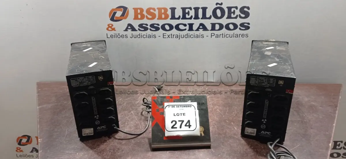 LOTE 274 - 02 NOBREAKS DE 1200 VA MARCA APC. (NO ESTADO) ATENÇÃO! FAZER A VISITAÇÃO ANTES DE ARREMATAR, NÃO SABEMOS SE FUNCIONA, LEILÃO NÃO TEM GARANTIA E NEM DEVOLUÇÃO, SUJEITO A POSSÍVEIS AVARIAS VISÍVEIS/OCULTAS E/OU AUSÊNCIA DE COMPONENTES.