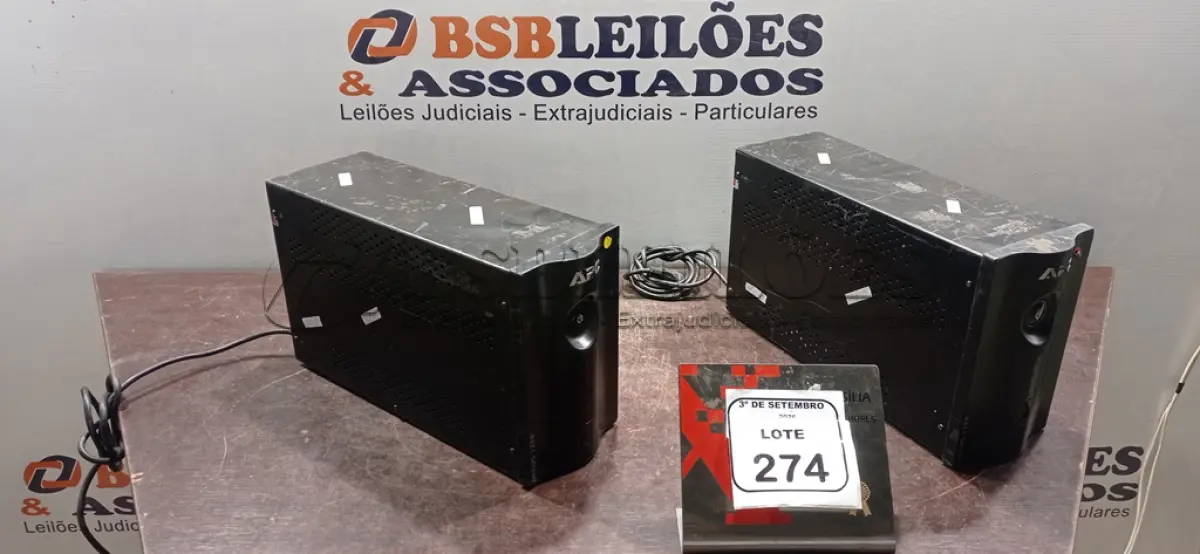 LOTE 274 - 02 NOBREAKS DE 1200 VA MARCA APC. (NO ESTADO) ATENÇÃO! FAZER A VISITAÇÃO ANTES DE ARREMATAR, NÃO SABEMOS SE FUNCIONA, LEILÃO NÃO TEM GARANTIA E NEM DEVOLUÇÃO, SUJEITO A POSSÍVEIS AVARIAS VISÍVEIS/OCULTAS E/OU AUSÊNCIA DE COMPONENTES.