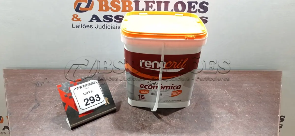 LOTE 293 - 01 BALDE DE TINTA ECONÔMICA DE 16L NA COR BRANCO NEVE MARCA RENOCRIL. (NO ESTADO) ATENÇÃO! FAZER A VISITAÇÃO ANTES DE ARREMATAR, NÃO SABEMOS SE FUNCIONA, LEILÃO NÃO TEM GARANTIA E NEM DEVOLUÇÃO, SUJEITO A POSSÍVEIS AVARIAS VISÍVEIS/OCULTAS E/OU AUSÊNCIA DE COMPONENTES.