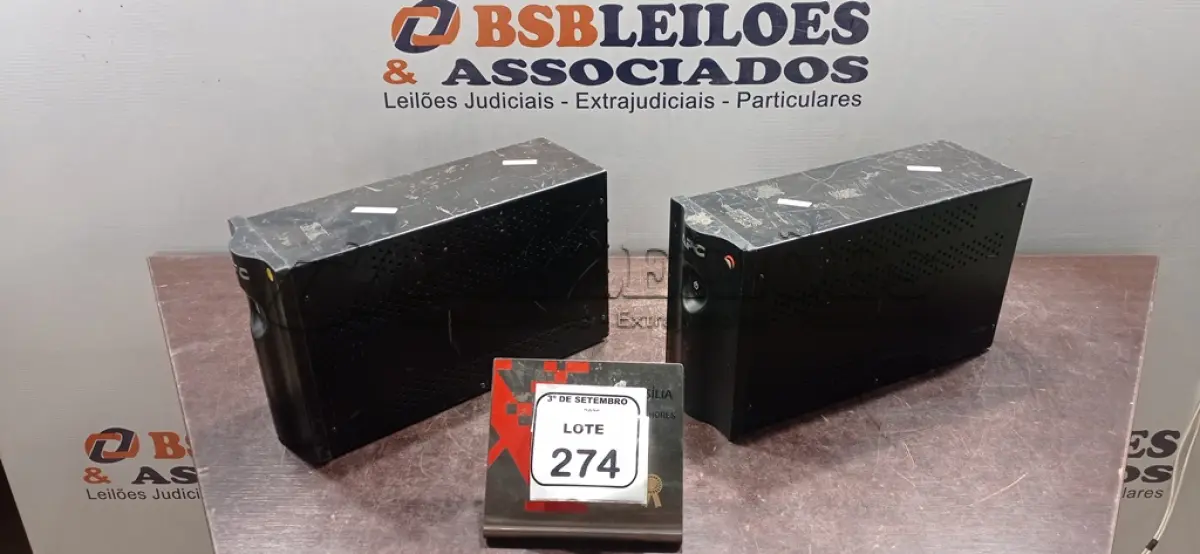 LOTE 274 - 02 NOBREAKS DE 1200 VA MARCA APC. (NO ESTADO) ATENÇÃO! FAZER A VISITAÇÃO ANTES DE ARREMATAR, NÃO SABEMOS SE FUNCIONA, LEILÃO NÃO TEM GARANTIA E NEM DEVOLUÇÃO, SUJEITO A POSSÍVEIS AVARIAS VISÍVEIS/OCULTAS E/OU AUSÊNCIA DE COMPONENTES.