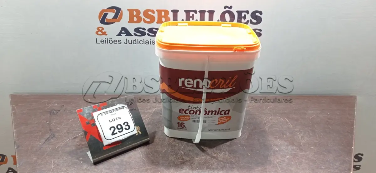 LOTE 293 - 01 BALDE DE TINTA ECONÔMICA DE 16L NA COR BRANCO NEVE MARCA RENOCRIL. (NO ESTADO) ATENÇÃO! FAZER A VISITAÇÃO ANTES DE ARREMATAR, NÃO SABEMOS SE FUNCIONA, LEILÃO NÃO TEM GARANTIA E NEM DEVOLUÇÃO, SUJEITO A POSSÍVEIS AVARIAS VISÍVEIS/OCULTAS E/OU AUSÊNCIA DE COMPONENTES.