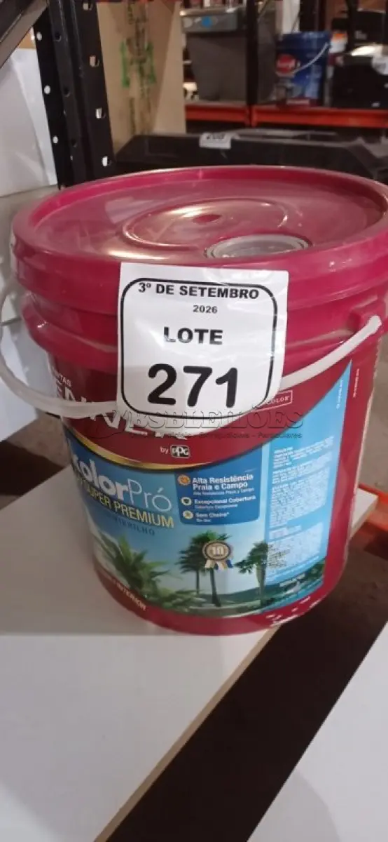 LOTE 271 - 01 BALDE DE TINTA DE ACRÍLICA SUPER PREMIUM 16L NA COR BASE MÉDIA SEMIBRILHO MARCA RENNER.  (NO ESTADO) ATENÇÃO! FAZER A VISITAÇÃO ANTES DE ARREMATAR, NÃO SABEMOS SE FUNCIONA, LEILÃO NÃO TEM GARANTIA E NEM DEVOLUÇÃO, SUJEITO A POSSÍVEIS AVARIAS VISÍVEIS/OCULTAS E/OU AUSÊNCIA DE COMPONENTES.