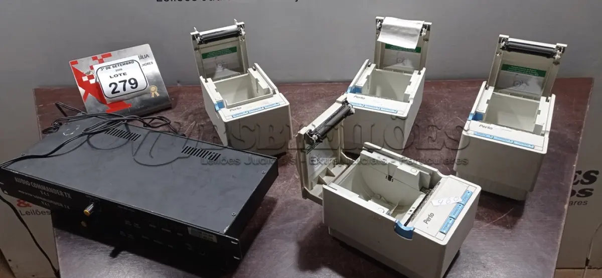 LOTE 279 - 02 ÁUDIO COMMANDER TX E 04 IMPRESSORAS DE CUPOM MARCA PERTO. (NO ESTADO) ATENÇÃO! FAZER A VISITAÇÃO ANTES DE ARREMATAR, NÃO SABEMOS SE FUNCIONA, LEILÃO NÃO TEM GARANTIA E NEM DEVOLUÇÃO, SUJEITO A POSSÍVEIS AVARIAS VISÍVEIS/OCULTAS E/OU AUSÊNCIA DE COMPONENTES.