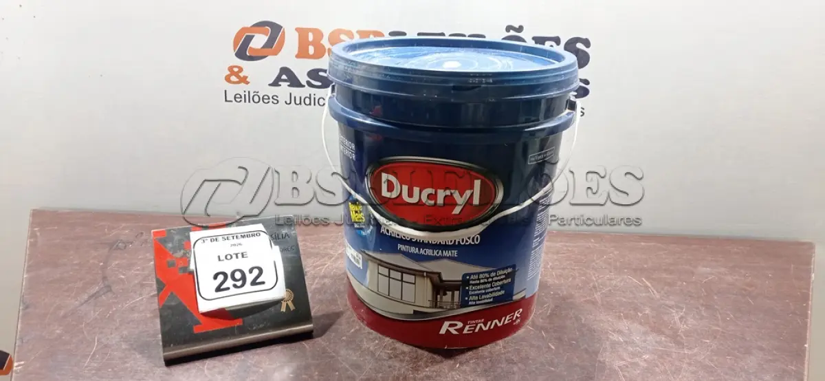 LOTE 292 - 01 BALDE DE TINTA ACRÍLICA NA COR CÉU VERÃO FOSCO DE 18L MARCA DUCRYL. (NO ESTADO) ATENÇÃO! FAZER A VISITAÇÃO ANTES DE ARREMATAR, NÃO SABEMOS SE FUNCIONA, LEILÃO NÃO TEM GARANTIA E NEM DEVOLUÇÃO, SUJEITO A POSSÍVEIS AVARIAS VISÍVEIS/OCULTAS E/OU AUSÊNCIA DE COMPONENTES.