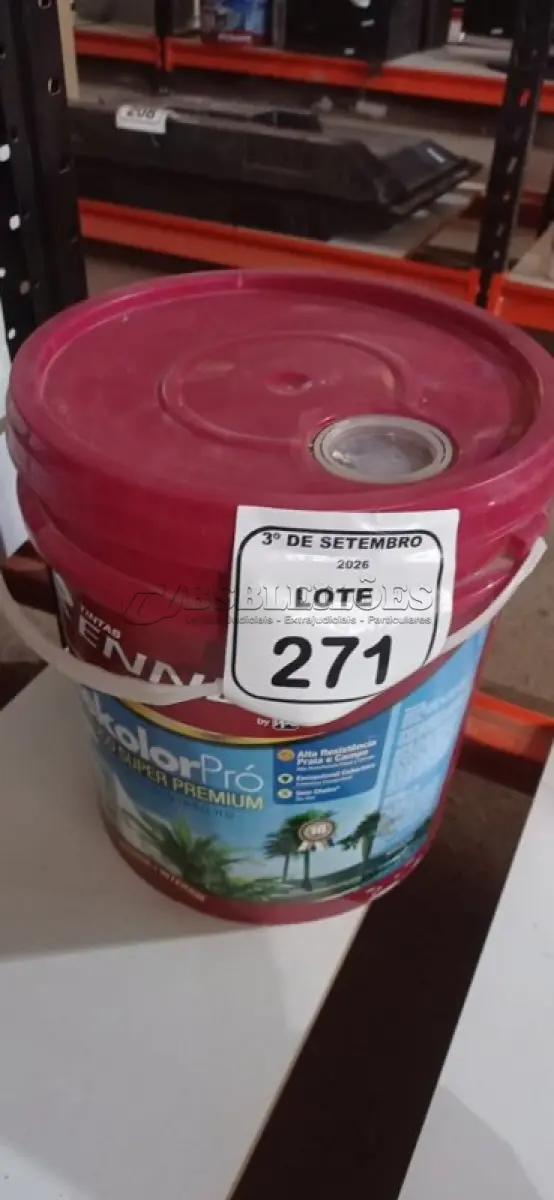 LOTE 271 - 01 BALDE DE TINTA DE ACRÍLICA SUPER PREMIUM 16L NA COR BASE MÉDIA SEMIBRILHO MARCA RENNER.  (NO ESTADO) ATENÇÃO! FAZER A VISITAÇÃO ANTES DE ARREMATAR, NÃO SABEMOS SE FUNCIONA, LEILÃO NÃO TEM GARANTIA E NEM DEVOLUÇÃO, SUJEITO A POSSÍVEIS AVARIAS VISÍVEIS/OCULTAS E/OU AUSÊNCIA DE COMPONENTES.
