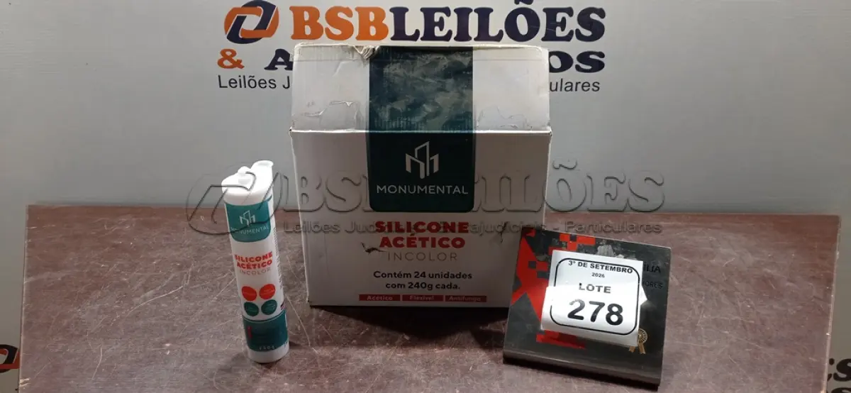 LOTE 278 - 01 CAIXA COM 24 SILICONE ACÉTICO INCOLOR DE 240G CADA MARCA MONUMENTAL. (NO ESTADO) ATENÇÃO! FAZER A VISITAÇÃO ANTES DE ARREMATAR, NÃO SABEMOS SE FUNCIONA, LEILÃO NÃO TEM GARANTIA E NEM DEVOLUÇÃO, SUJEITO A POSSÍVEIS AVARIAS VISÍVEIS/OCULTAS E/OU AUSÊNCIA DE COMPONENTES.