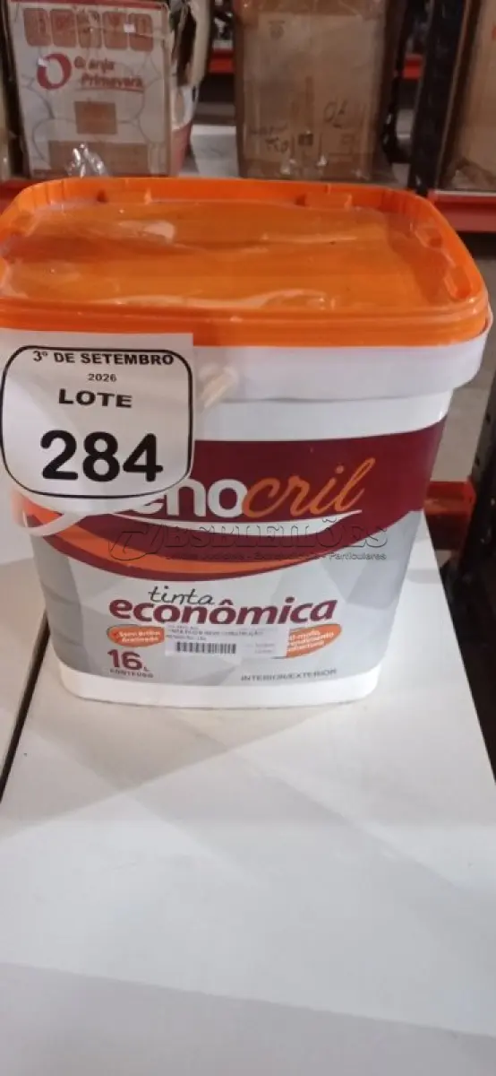 LOTE 284 - 01 BALDE DE TINTA ECONÔMICA DE 16L NA COR BRANCO NEVE MARCA RENOCRIL. (NO ESTADO) ATENÇÃO! FAZER A VISITAÇÃO ANTES DE ARREMATAR, NÃO SABEMOS SE FUNCIONA, LEILÃO NÃO TEM GARANTIA E NEM DEVOLUÇÃO, SUJEITO A POSSÍVEIS AVARIAS VISÍVEIS/OCULTAS E/OU AUSÊNCIA DE COMPONENTES.