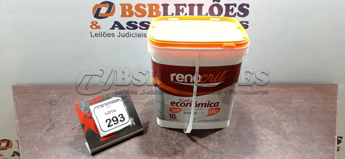 LOTE 293 - 01 BALDE DE TINTA ECONÔMICA DE 16L NA COR BRANCO NEVE MARCA RENOCRIL. (NO ESTADO) ATENÇÃO! FAZER A VISITAÇÃO ANTES DE ARREMATAR, NÃO SABEMOS SE FUNCIONA, LEILÃO NÃO TEM GARANTIA E NEM DEVOLUÇÃO, SUJEITO A POSSÍVEIS AVARIAS VISÍVEIS/OCULTAS E/OU AUSÊNCIA DE COMPONENTES.