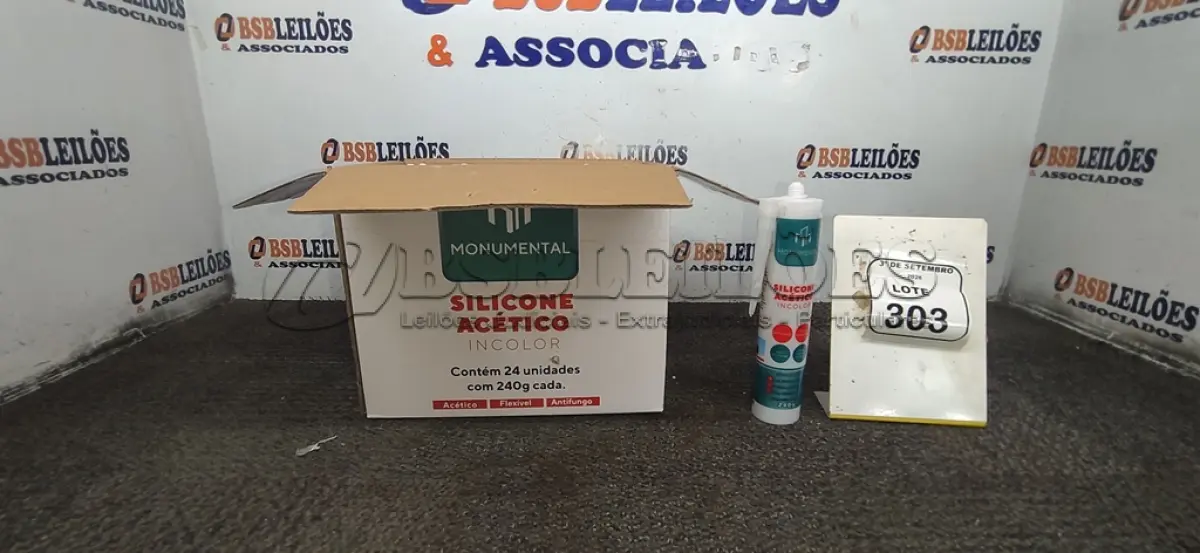 LOTE 303 - 01 CAIXA COM 24 SILICONE ACÉTICO INCOLOR DE 240G CADA MARCA MONUMENTAL. (NO ESTADO) ATENÇÃO! FAZER A VISITAÇÃO ANTES DE ARREMATAR, NÃO SABEMOS SE FUNCIONA, LEILÃO NÃO TEM GARANTIA E NEM DEVOLUÇÃO, SUJEITO A POSSÍVEIS AVARIAS VISÍVEIS/OCULTAS E/OU AUSÊNCIA DE COMPONENTES.