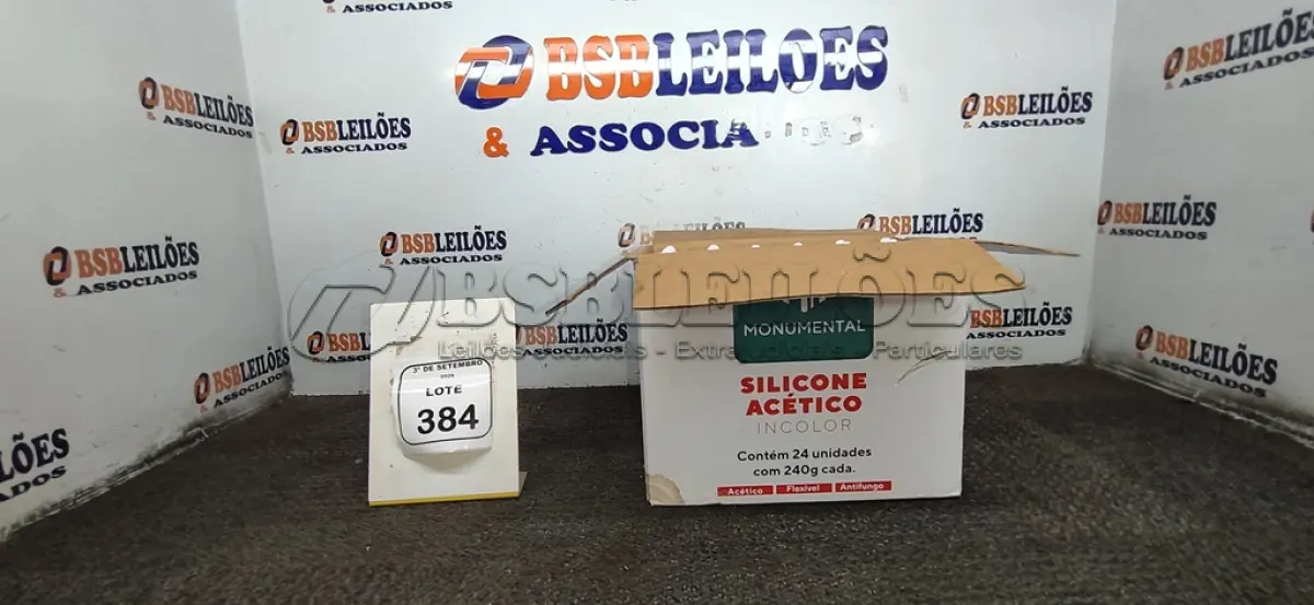 LOTE 384 - 01 CAIXA COM 24 SILICONES ACÉTICO INCOLOR DE 240G CADA MARCA MONUMENTAL. (NO ESTADO) ATENÇÃO! FAZER A VISITAÇÃO ANTES DE ARREMATAR, NÃO SABEMOS SE FUNCIONA, LEILÃO NÃO TEM GARANTIA E NEM DEVOLUÇÃO, SUJEITO A POSSÍVEIS AVARIAS VISÍVEIS/OCULTAS E/OU AUSÊNCIA DE COMPONENTES.