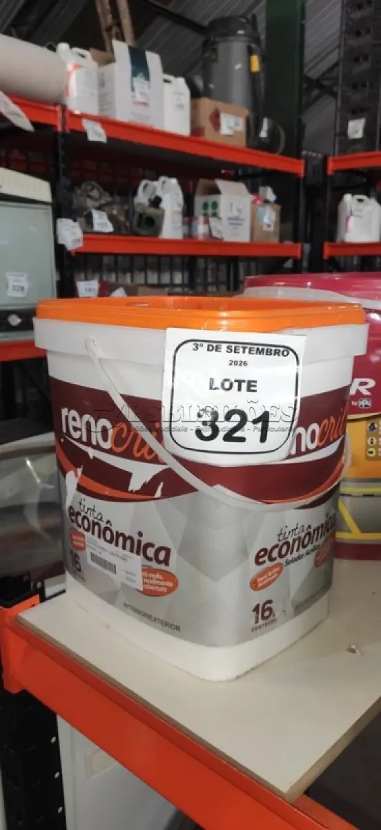 LOTE 321 - 01 BALDE DE TINTA ECONÔMICA DE 16L NA COR BRANCO NEVE MARCA RENOCRIL. (NO ESTADO) ATENÇÃO! FAZER A VISITAÇÃO ANTES DE ARREMATAR, NÃO SABEMOS SE FUNCIONA, LEILÃO NÃO TEM GARANTIA E NEM DEVOLUÇÃO, SUJEITO A POSSÍVEIS AVARIAS VISÍVEIS/OCULTAS E/OU AUSÊNCIA DE COMPONENTES.