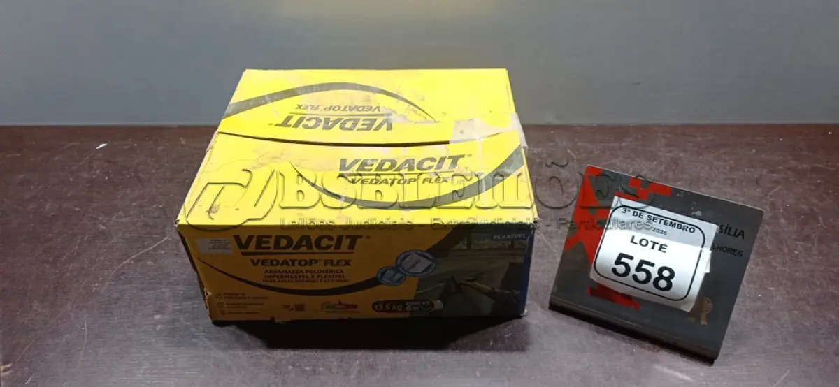 LOTE 558 - 01 CAIXA COM 13,5KG DE ARGAMASSA POLIMÉRICA IMPERMEÁVEL E FLEXÍVEL MARCA VEDACIT. (NO ESTADO) ATENÇÃO! FAZER A VISITAÇÃO ANTES DE ARREMATAR, NÃO SABEMOS SE FUNCIONA, LEILÃO NÃO TEM GARANTIA E NEM DEVOLUÇÃO, SUJEITO A POSSÍVEIS AVARIAS VISÍVEIS/OCULTAS E/OU AUSÊNCIA DE COMPONENTES.