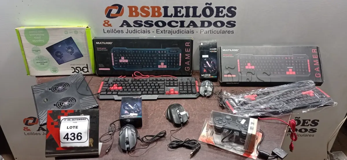 LOTE 436 - 02 TECLADOS DE PC, 03 MOUSES, 01 CONTROLE DE PS E 01 COOLER. (NO ESTADO) ATENÇÃO! FAZER A VISITAÇÃO ANTES DE ARREMATAR, NÃO SABEMOS SE FUNCIONA, LEILÃO NÃO TEM GARANTIA E NEM DEVOLUÇÃO, SUJEITO A POSSÍVEIS AVARIAS VISÍVEIS/OCULTAS E/OU AUSÊNCIA DE COMPONENTES.