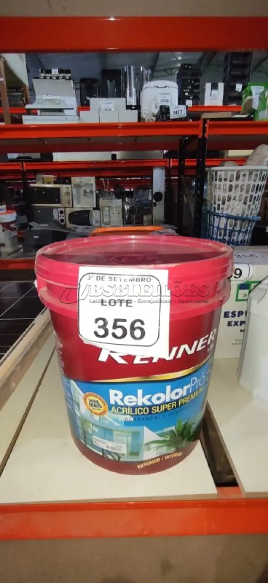 LOTE 356 - 01 BALDE DE TINTA DE ACRÍLICA SUPER PREMIUM 16L NA COR BASE INTENSA SEMIBRILHO MARCA RENNER.  (NO ESTADO) ATENÇÃO! FAZER A VISITAÇÃO ANTES DE ARREMATAR, NÃO SABEMOS SE FUNCIONA, LEILÃO NÃO TEM GARANTIA E NEM DEVOLUÇÃO, SUJEITO A POSSÍVEIS AVARIAS VISÍVEIS/OCULTAS E/OU AUSÊNCIA DE COMPONENTES.