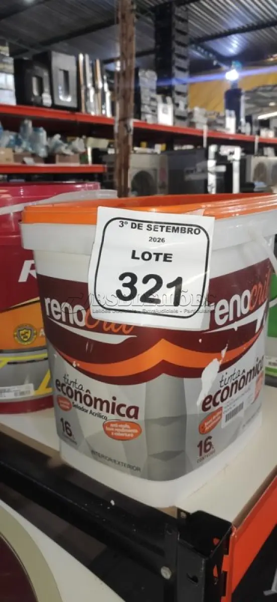LOTE 321 - 01 BALDE DE TINTA ECONÔMICA DE 16L NA COR BRANCO NEVE MARCA RENOCRIL. (NO ESTADO) ATENÇÃO! FAZER A VISITAÇÃO ANTES DE ARREMATAR, NÃO SABEMOS SE FUNCIONA, LEILÃO NÃO TEM GARANTIA E NEM DEVOLUÇÃO, SUJEITO A POSSÍVEIS AVARIAS VISÍVEIS/OCULTAS E/OU AUSÊNCIA DE COMPONENTES.