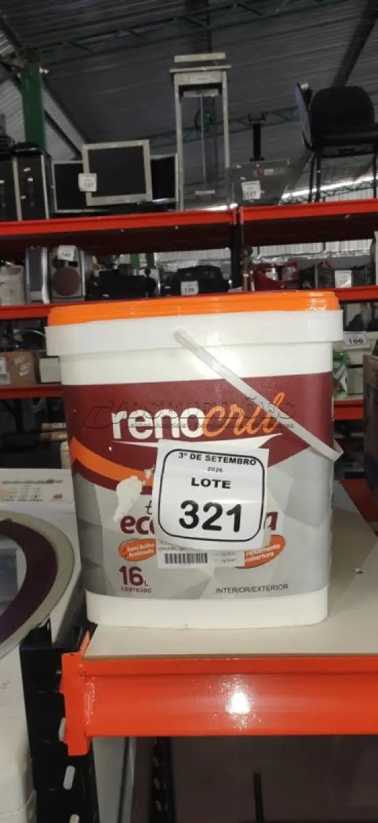 LOTE 321 - 01 BALDE DE TINTA ECONÔMICA DE 16L NA COR BRANCO NEVE MARCA RENOCRIL. (NO ESTADO) ATENÇÃO! FAZER A VISITAÇÃO ANTES DE ARREMATAR, NÃO SABEMOS SE FUNCIONA, LEILÃO NÃO TEM GARANTIA E NEM DEVOLUÇÃO, SUJEITO A POSSÍVEIS AVARIAS VISÍVEIS/OCULTAS E/OU AUSÊNCIA DE COMPONENTES.