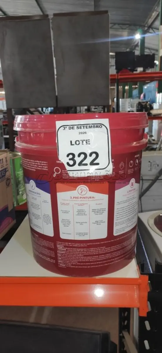 LOTE 322 - 01 BALDE DE TINTA DE PISOS ACRÍLICO PREMIUM 18L NA COR VERMELHO SEGURANÇA FOSCO MARCA RENNER.  (NO ESTADO) ATENÇÃO! FAZER A VISITAÇÃO ANTES DE ARREMATAR, NÃO SABEMOS SE FUNCIONA, LEILÃO NÃO TEM GARANTIA E NEM DEVOLUÇÃO, SUJEITO A POSSÍVEIS AVARIAS VISÍVEIS/OCULTAS E/OU AUSÊNCIA DE COMPONENTES.