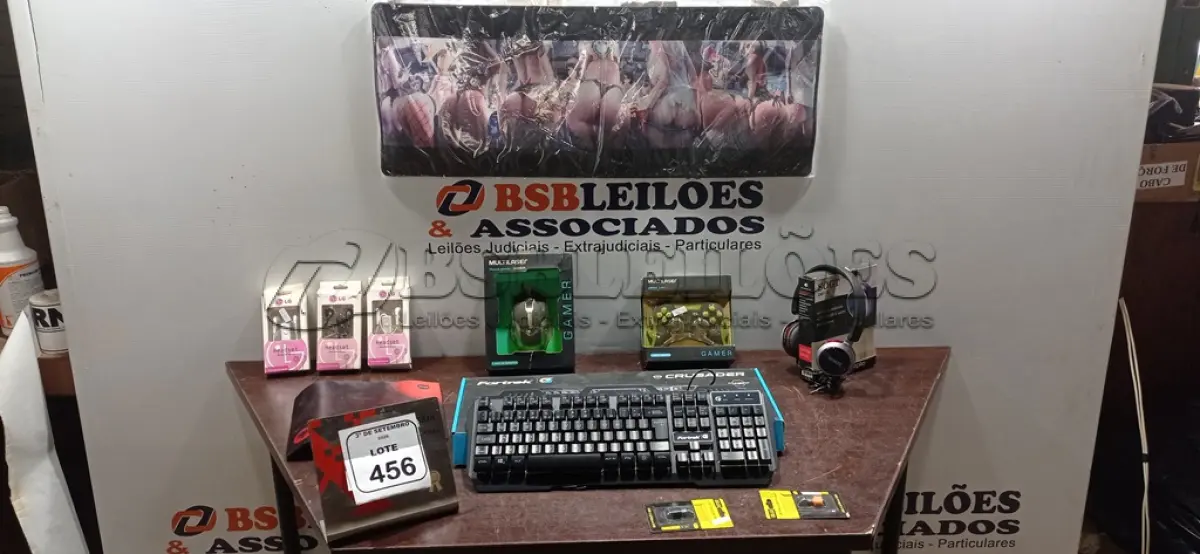 LOTE 456 - 01 TECLADO DE PC, 02 HEADPHONES, 01 CONTROLE DE VÍDEO GAME, 02 MOUSES PAD, 01 MOUSE GAMER, 03 FONES DE OUVIDO E 03 ADAPTADORES DE MICRO USB. (NO ESTADO) ATENÇÃO! FAZER A VISITAÇÃO ANTES DE ARREMATAR, NÃO SABEMOS SE FUNCIONA, LEILÃO NÃO TEM GARANTIA E NEM DEVOLUÇÃO, SUJEITO A POSSÍVEIS AVARIAS VISÍVEIS/OCULTAS E/OU AUSÊNCIA DE COMPONENTES.