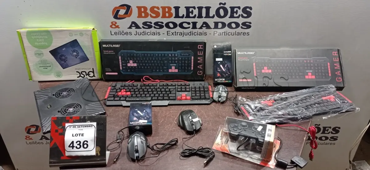 LOTE 436 - 02 TECLADOS DE PC, 03 MOUSES, 01 CONTROLE DE PS E 01 COOLER. (NO ESTADO) ATENÇÃO! FAZER A VISITAÇÃO ANTES DE ARREMATAR, NÃO SABEMOS SE FUNCIONA, LEILÃO NÃO TEM GARANTIA E NEM DEVOLUÇÃO, SUJEITO A POSSÍVEIS AVARIAS VISÍVEIS/OCULTAS E/OU AUSÊNCIA DE COMPONENTES.
