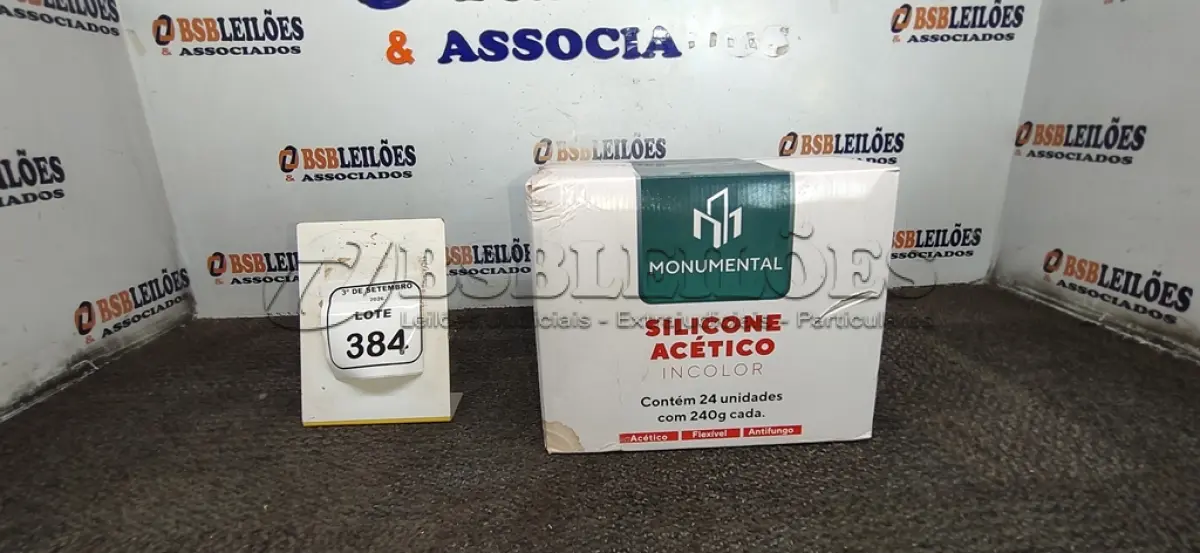 LOTE 384 - 01 CAIXA COM 24 SILICONES ACÉTICO INCOLOR DE 240G CADA MARCA MONUMENTAL. (NO ESTADO) ATENÇÃO! FAZER A VISITAÇÃO ANTES DE ARREMATAR, NÃO SABEMOS SE FUNCIONA, LEILÃO NÃO TEM GARANTIA E NEM DEVOLUÇÃO, SUJEITO A POSSÍVEIS AVARIAS VISÍVEIS/OCULTAS E/OU AUSÊNCIA DE COMPONENTES.