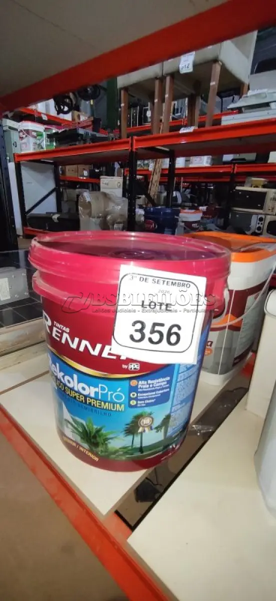 LOTE 356 - 01 BALDE DE TINTA DE ACRÍLICA SUPER PREMIUM 16L NA COR BASE INTENSA SEMIBRILHO MARCA RENNER.  (NO ESTADO) ATENÇÃO! FAZER A VISITAÇÃO ANTES DE ARREMATAR, NÃO SABEMOS SE FUNCIONA, LEILÃO NÃO TEM GARANTIA E NEM DEVOLUÇÃO, SUJEITO A POSSÍVEIS AVARIAS VISÍVEIS/OCULTAS E/OU AUSÊNCIA DE COMPONENTES.