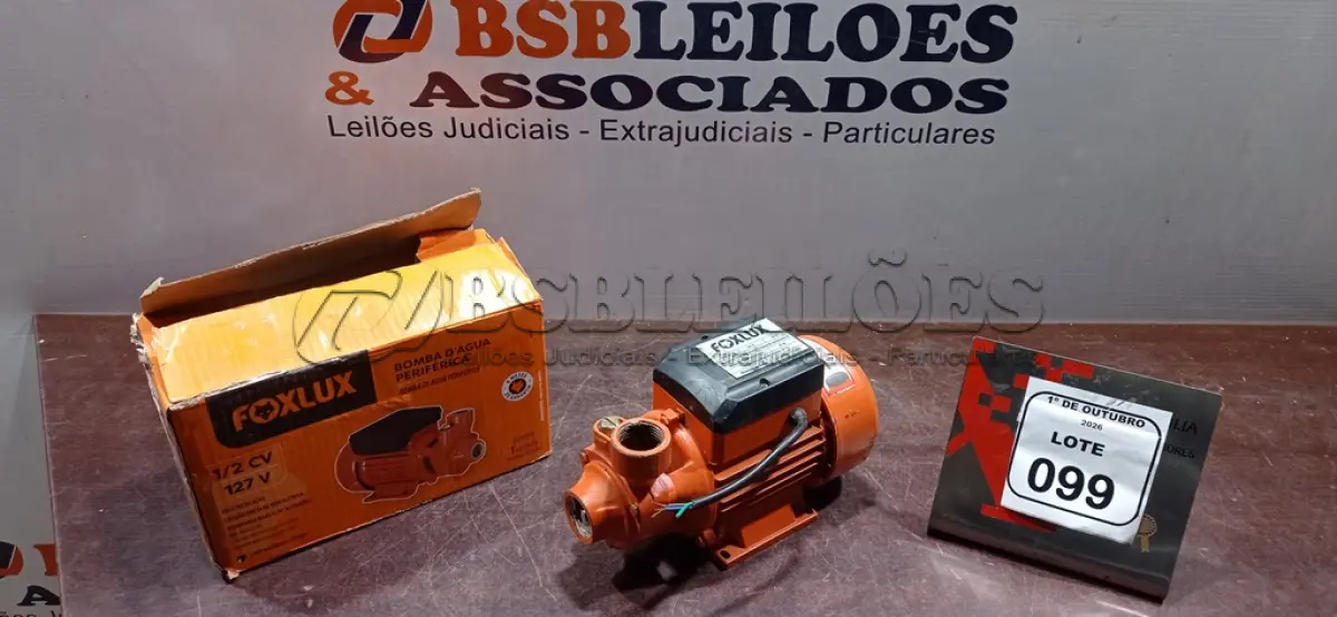 LOTE 099 - 01 BOMBA D’AGUA 220V 60HZ POTÊNCIA DE 1/2CV 370 WATTS MARCA FOXLUX. (NO ESTADO) ATENÇÃO! FAZER A VISITAÇÃO ANTES DE ARREMATAR, NÃO SABEMOS SE FUNCIONA, LEILÃO NÃO TEM GARANTIA E NEM DEVOLUÇÃO, SUJEITO A POSSÍVEIS AVARIAS VISÍVEIS/OCULTAS E/OU AUSÊNCIA DE COMPONENTES.