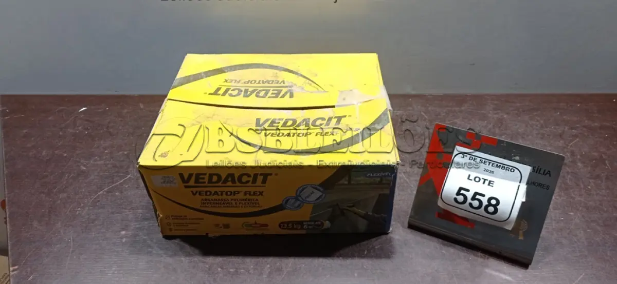 LOTE 558 - 01 CAIXA COM 13,5KG DE ARGAMASSA POLIMÉRICA IMPERMEÁVEL E FLEXÍVEL MARCA VEDACIT. (NO ESTADO) ATENÇÃO! FAZER A VISITAÇÃO ANTES DE ARREMATAR, NÃO SABEMOS SE FUNCIONA, LEILÃO NÃO TEM GARANTIA E NEM DEVOLUÇÃO, SUJEITO A POSSÍVEIS AVARIAS VISÍVEIS/OCULTAS E/OU AUSÊNCIA DE COMPONENTES.