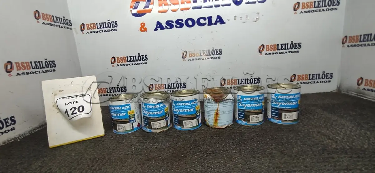 LOTE 120 - 06 LATAS DE VERNIZ MARÍTIMO EXTRA BRILHANTE DE 750ML MARCA SAYERLACK. (NO ESTADO) ATENÇÃO! FAZER A VISITAÇÃO ANTES DE ARREMATAR, NÃO SABEMOS SE FUNCIONA, LEILÃO NÃO TEM GARANTIA E NEM DEVOLUÇÃO, SUJEITO A POSSÍVEIS AVARIAS VISÍVEIS/OCULTAS E/OU AUSÊNCIA DE COMPONENTES.
