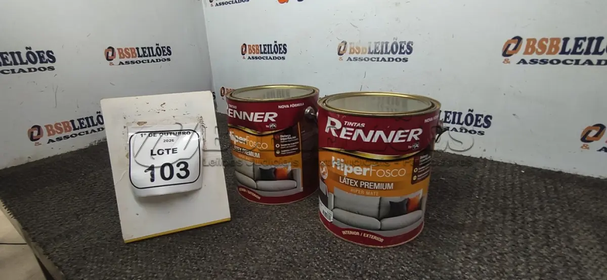 LOTE 103 - 02 BALDES DE TINTA HIPER FOSCO LÁTEX PREMIUM NA COR BASE PASTEL FOSCO DE 3,2L CADA MARCA TINTAS RENNER. (NO ESTADO) ATENÇÃO! FAZER A VISITAÇÃO ANTES DE ARREMATAR, NÃO SABEMOS SE FUNCIONA, LEILÃO NÃO TEM GARANTIA E NEM DEVOLUÇÃO, SUJEITO A POSSÍVEIS AVARIAS VISÍVEIS/OCULTAS E/OU AUSÊNCIA DE COMPONENTES.