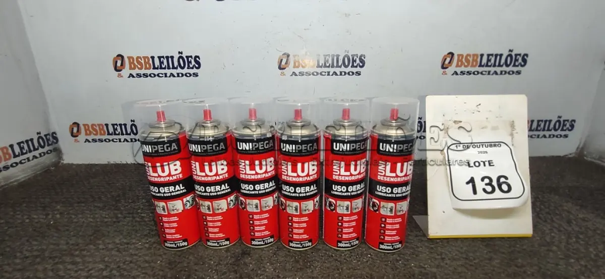 LOTE 136 - 06 LATAS DE DESENGRIPANTE LUBRIFICANTE DE USO GERAL DE 300ML CADA MARCA UNIPEGA. (NO ESTADO) ATENÇÃO! FAZER A VISITAÇÃO ANTES DE ARREMATAR, NÃO SABEMOS SE FUNCIONA, LEILÃO NÃO TEM GARANTIA E NEM DEVOLUÇÃO, SUJEITO A POSSÍVEIS AVARIAS VISÍVEIS/OCULTAS E/OU AUSÊNCIA DE COMPONENTES.