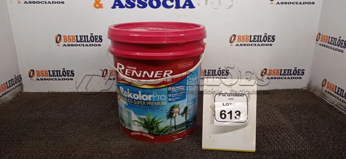 LOTE 613 - 01 BALDE DE TINTA DE ACRÍLICA SUPER PREMIUM 16L NA COR BASE MÉDIA SEMIBRILHO MARCA RENNER.  (NO ESTADO) ATENÇÃO! FAZER A VISITAÇÃO ANTES DE ARREMATAR, NÃO SABEMOS SE FUNCIONA, LEILÃO NÃO TEM GARANTIA E NEM DEVOLUÇÃO, SUJEITO A POSSÍVEIS AVARIAS VISÍVEIS/OCULTAS E/OU AUSÊNCIA DE COMPONENTES.