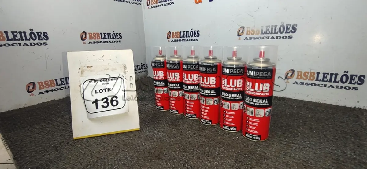 LOTE 136 - 06 LATAS DE DESENGRIPANTE LUBRIFICANTE DE USO GERAL DE 300ML CADA MARCA UNIPEGA. (NO ESTADO) ATENÇÃO! FAZER A VISITAÇÃO ANTES DE ARREMATAR, NÃO SABEMOS SE FUNCIONA, LEILÃO NÃO TEM GARANTIA E NEM DEVOLUÇÃO, SUJEITO A POSSÍVEIS AVARIAS VISÍVEIS/OCULTAS E/OU AUSÊNCIA DE COMPONENTES.